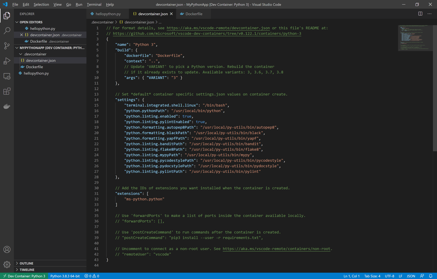 More detailed Python devcontainer.json