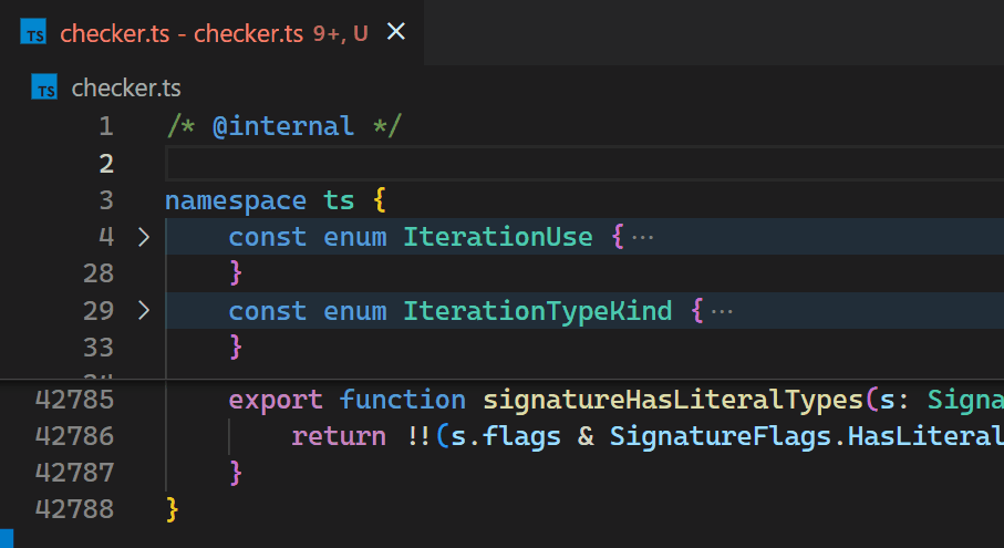 A video of VS Code showing that the native implementation needs less than a millisecond to process the text change in checker.ts