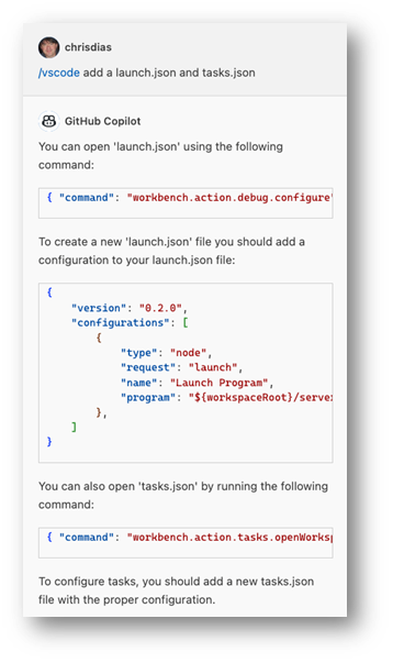 A GitHub Copilot chat asking how to add debugging support