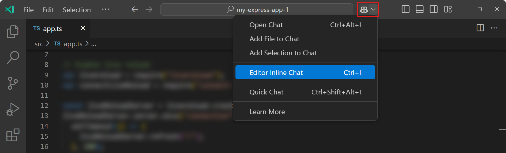 Screenshot of the Copilot Chat menu in the VS Code Command Center