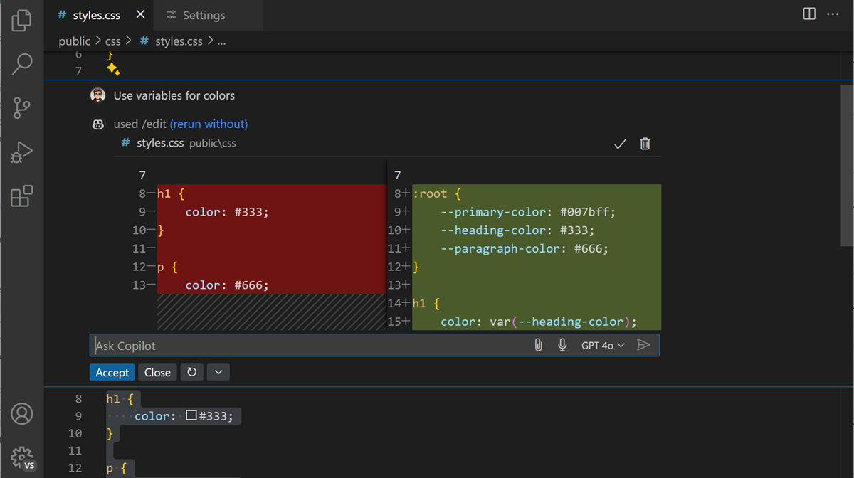 Copilot inline chat preview mode, showing the code changes side-by-side