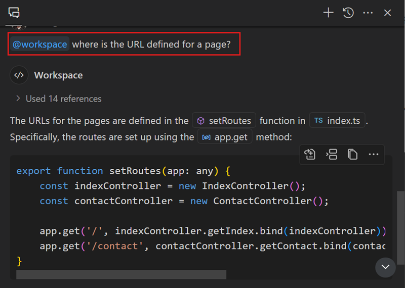 Asking the @workspace chat participant about where a URL is specified in an Express app