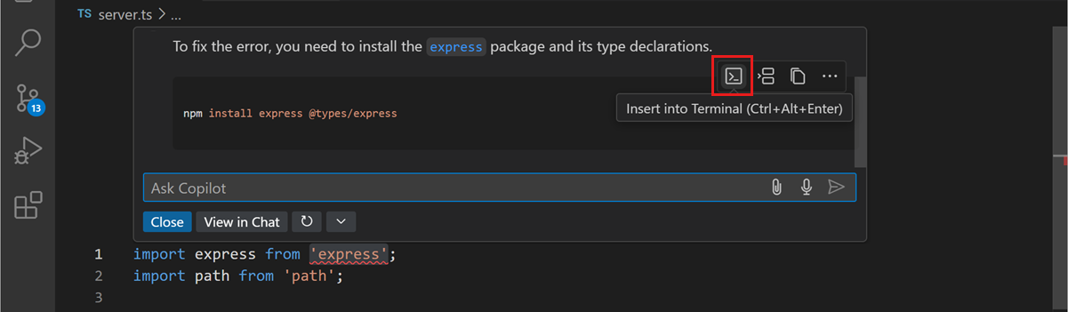 Screenshot of VS Code editor, showing the Copilot inline chat proposing to install the express npm package to solve the problem.