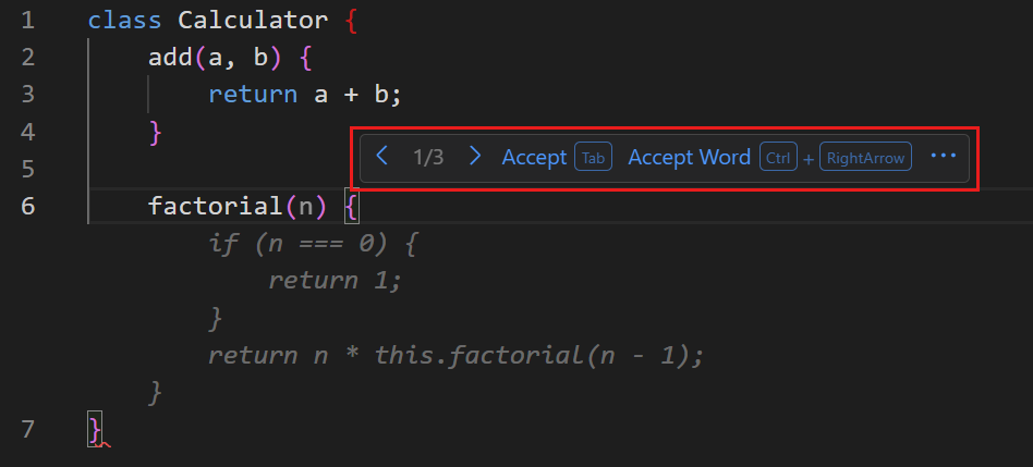 Screenshot of VS Code editor, showing Copilot giving multiple suggestions for  when hovering over it.