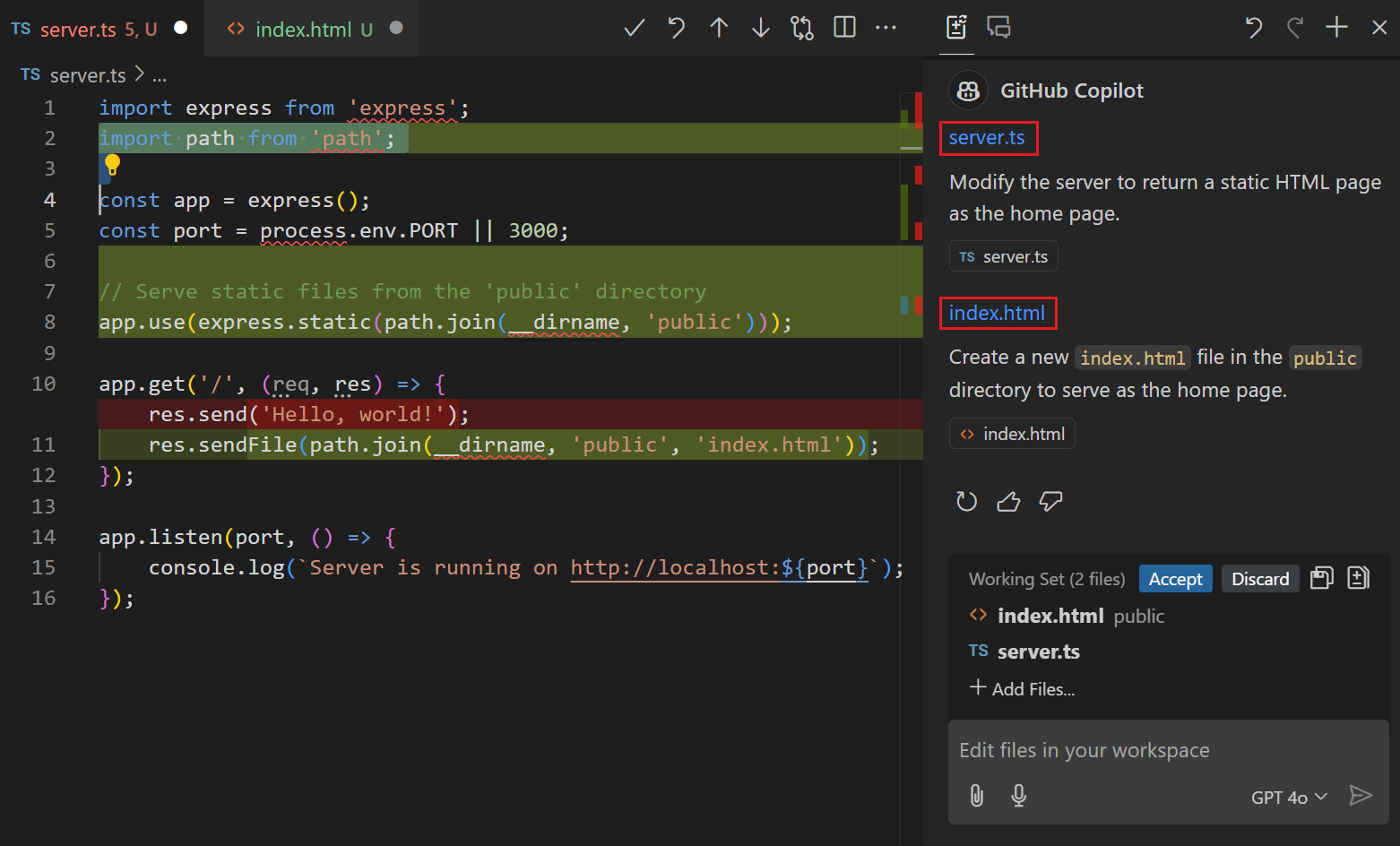 Screenshot of VS Code editor, showing the Copilot Edits response for returning a static HTML page in the web server response.