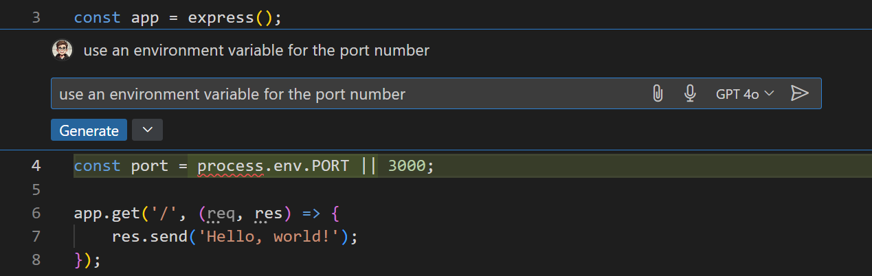 Screenshot of VS Code editor, showing Inline Chat to use an environment variable for the port number.