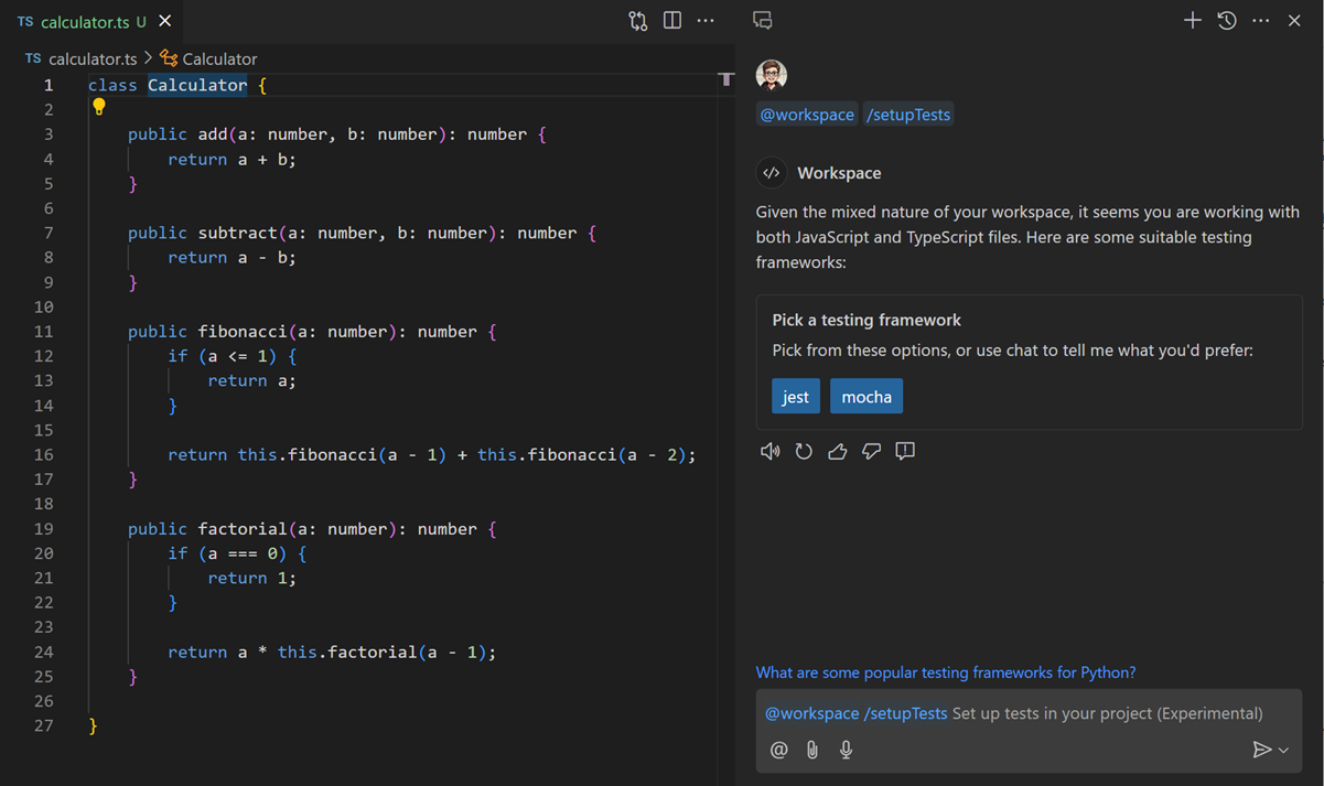 Chat view showing the /setupTests slash command to set up a testing framework for JavaScript and TypeScript