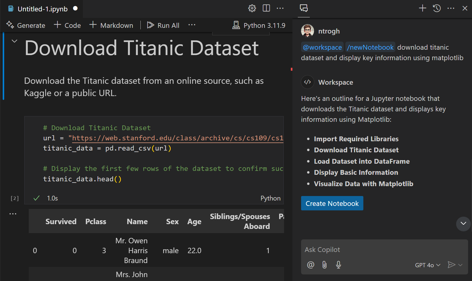 Asking the @workspace agent to scaffold a new notebook that reads titanic data, and visualizes with Seaborn