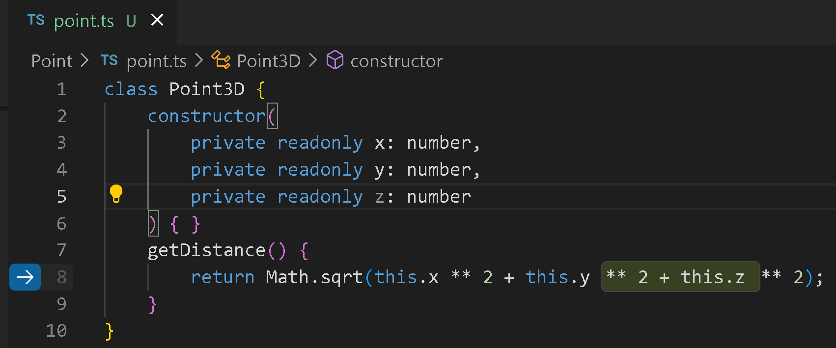 Copilot NES for adding z to distance calculation of Point3D