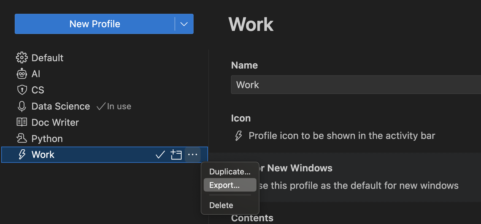 Export profile from the Profiles editor