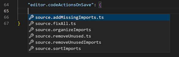 Screenshot of settings.json, showing IntelliSense suggestions for the editor.codeActionsOnSave setting.