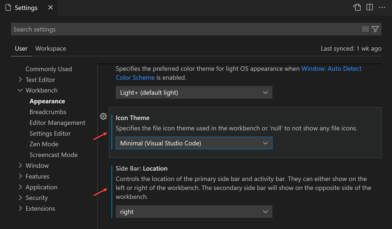 Modified settings in the Settings editor showing blue vertical bars to the left of them