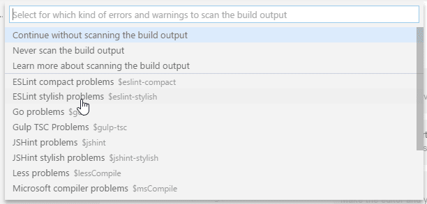 Tasks ESLint Problem Matcher Selection