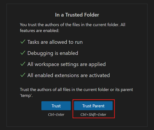 Workspace Trust button dropdown showing Trust All in Parent Folder