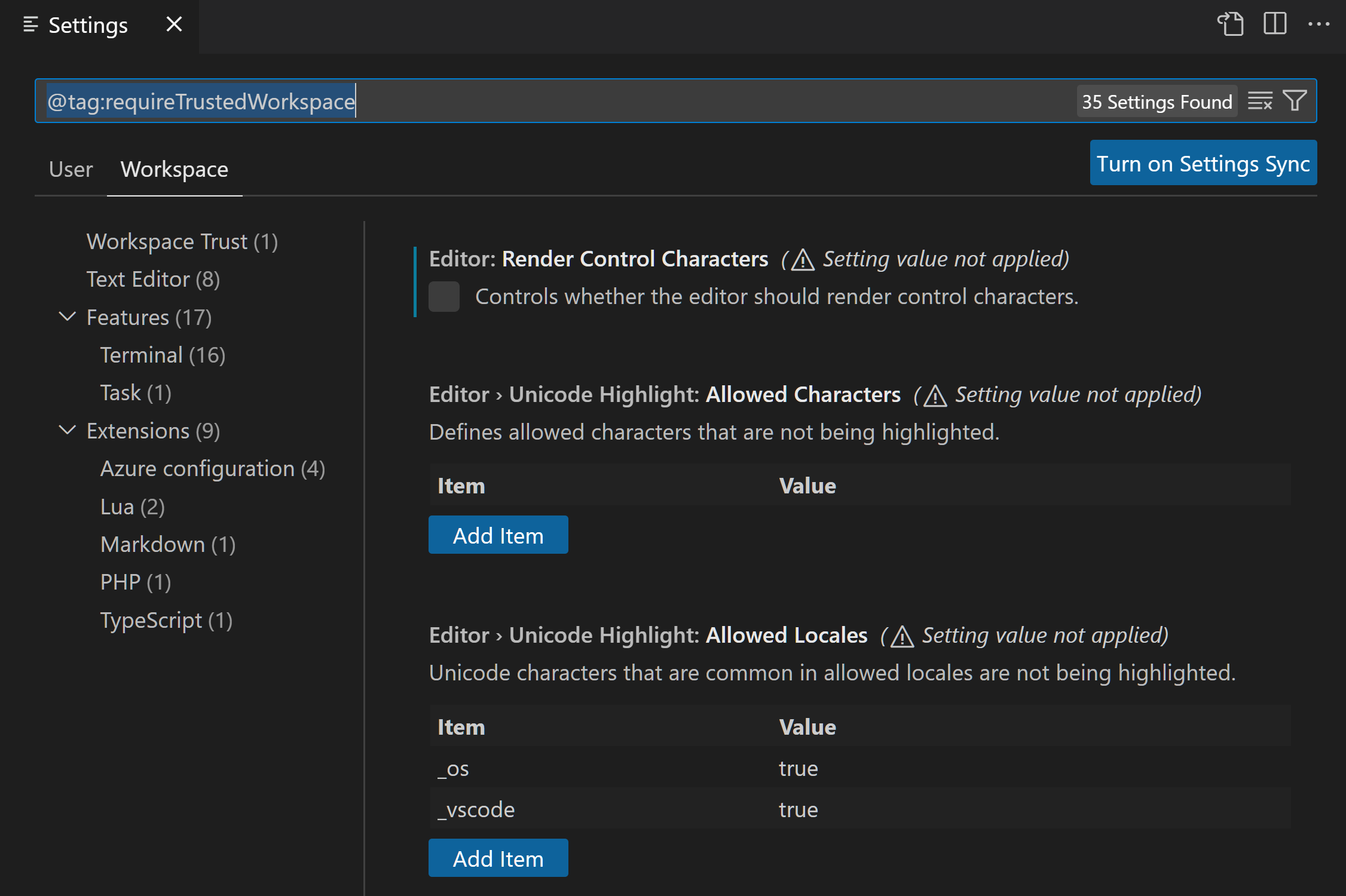 Settings editor scoped by the requireTrustedWorkspace tag in a restricted workspace