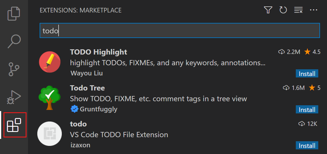 Screenshot of the Extensions view, filtered by 'todo', highlighting the Activity Bar icon.