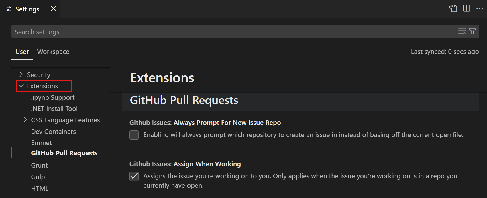 Screenshot of the Settings view, showing the settings of the GitHub Pull Requests extension, highlighting the Extensions entry in the tree view.