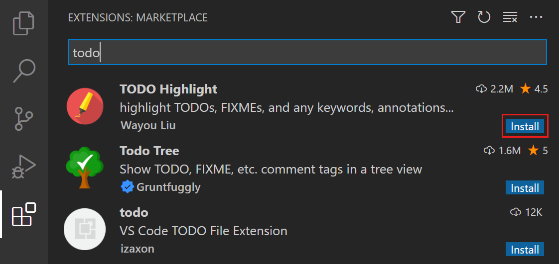 Screenshot of the Extensions view, highlighting the install button.