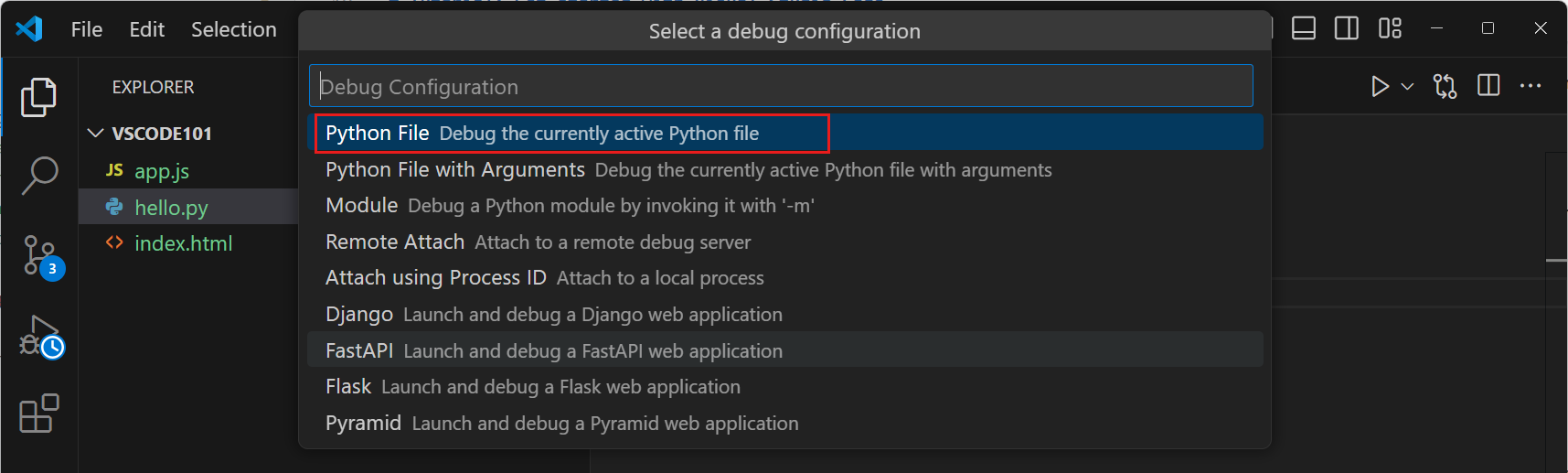 Screenshot that shows the Quick Pick menu to select the Python debug configuration.