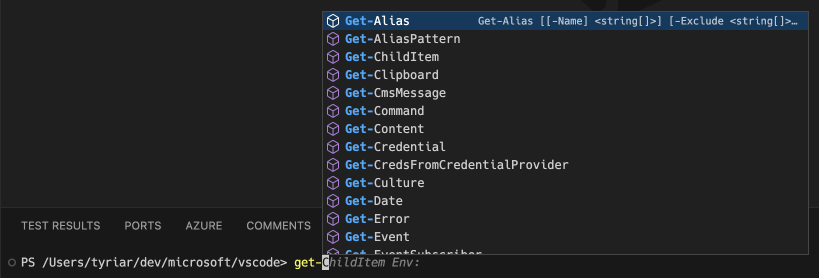 PowerShell IntelliSense shows completions like Get-Alias, Get-ChildItem, for example when typing Get-