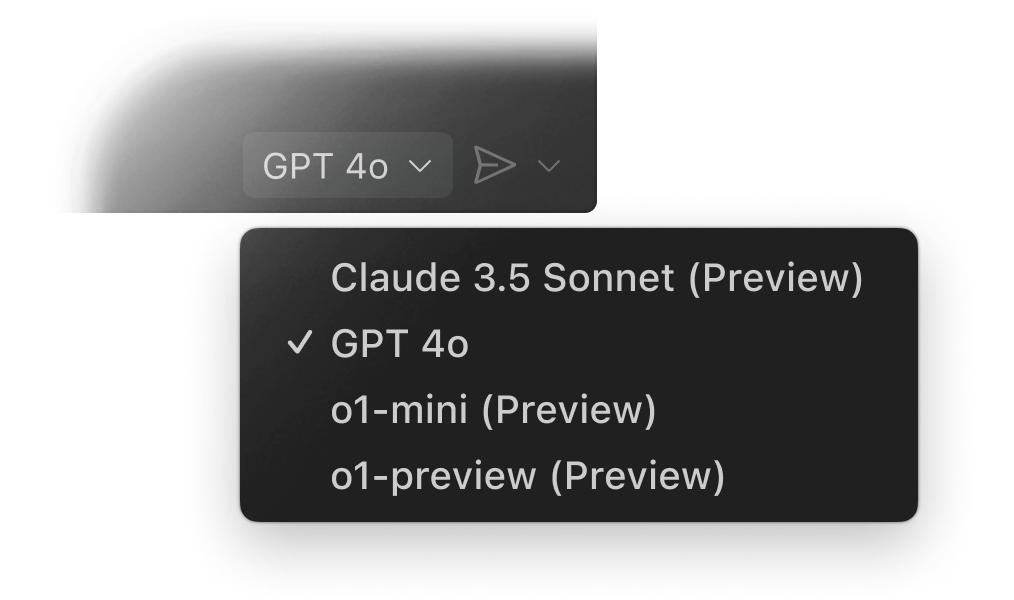 Dropdown menu in GitHub Copilot Chat displaying AI model options: 'GPT 4o' selected, with other options like 'Claude 3.5 Sonnet (Preview)', 'o1-mini (Preview)', and 'o1-preview (Preview)'