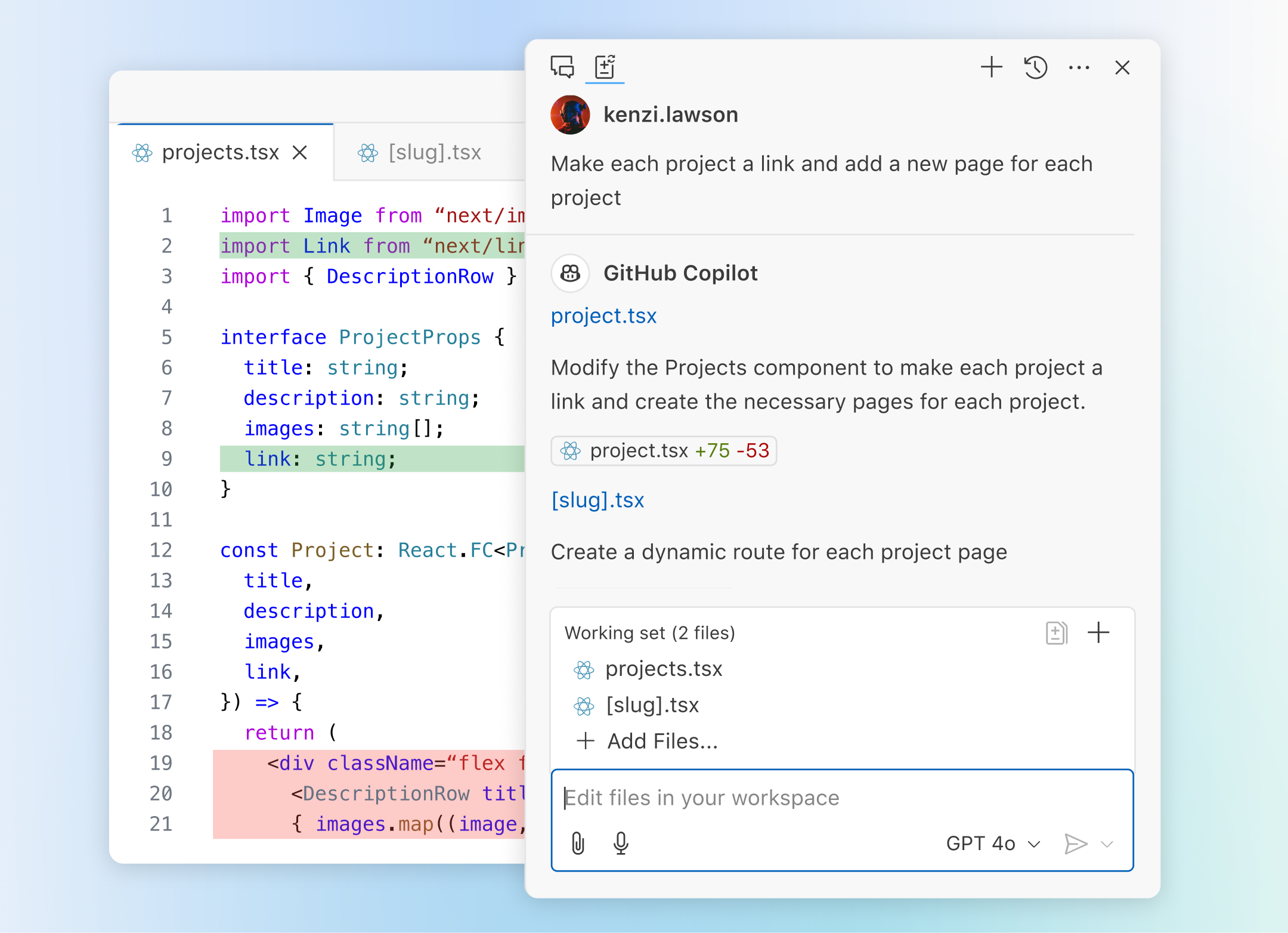 VS Code window showing a code editor with projects.tsx open, alongside a Copilot Edits panel. The chat discusses modifications to make each project a link and add dynamic pages. Two files, projects.tsx and [slug].tsx, are in the working set, with GitHub Copilot suggesting edits.