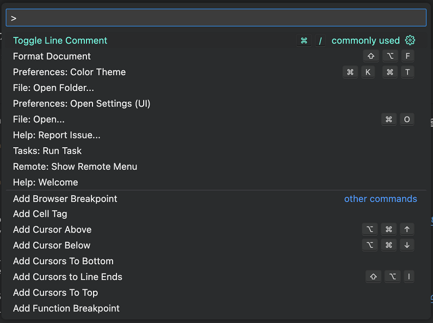 commonly used section in the Command Palette