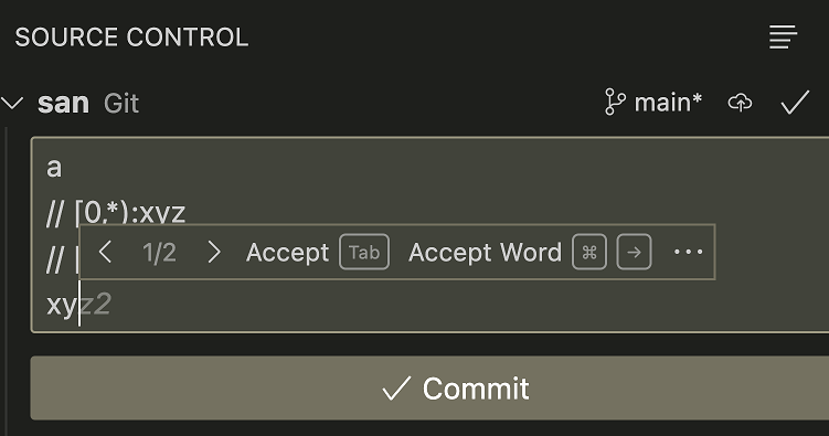 The inline suggestions extension sample running in the Source Control input