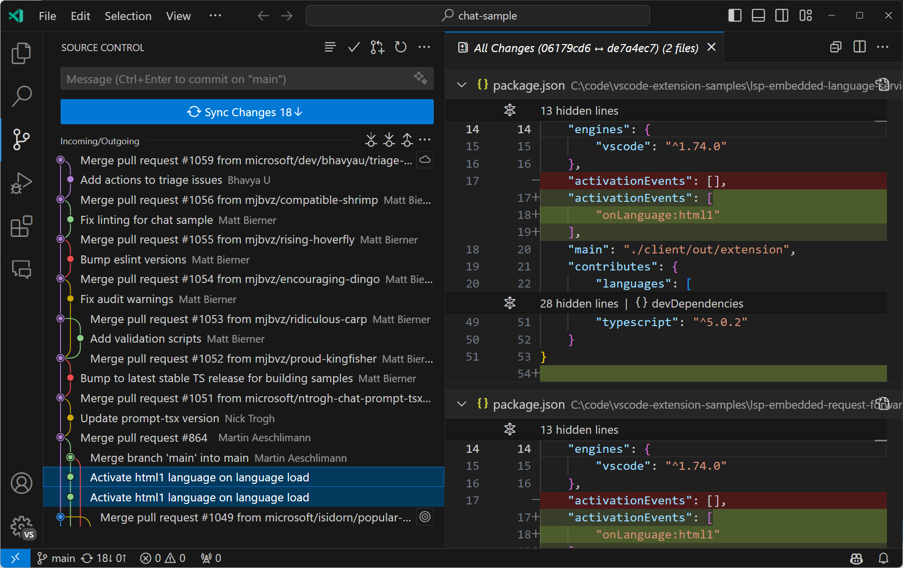 Source control view showing a graph visualization of the incoming and outgoing changes.