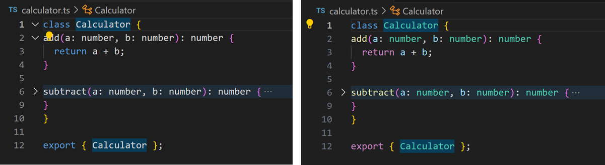 Lightbulb overlaps with code (left) versus positioned in the gutter (right).