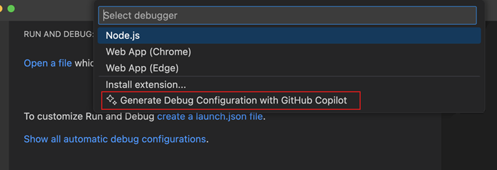 Generate Debug Configuration with GitHub Copilot is an option in the Create a launch.json file Quick Pick.