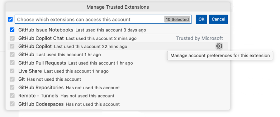 Manage trusted extensions Quick Pick, with gear button highlighted.