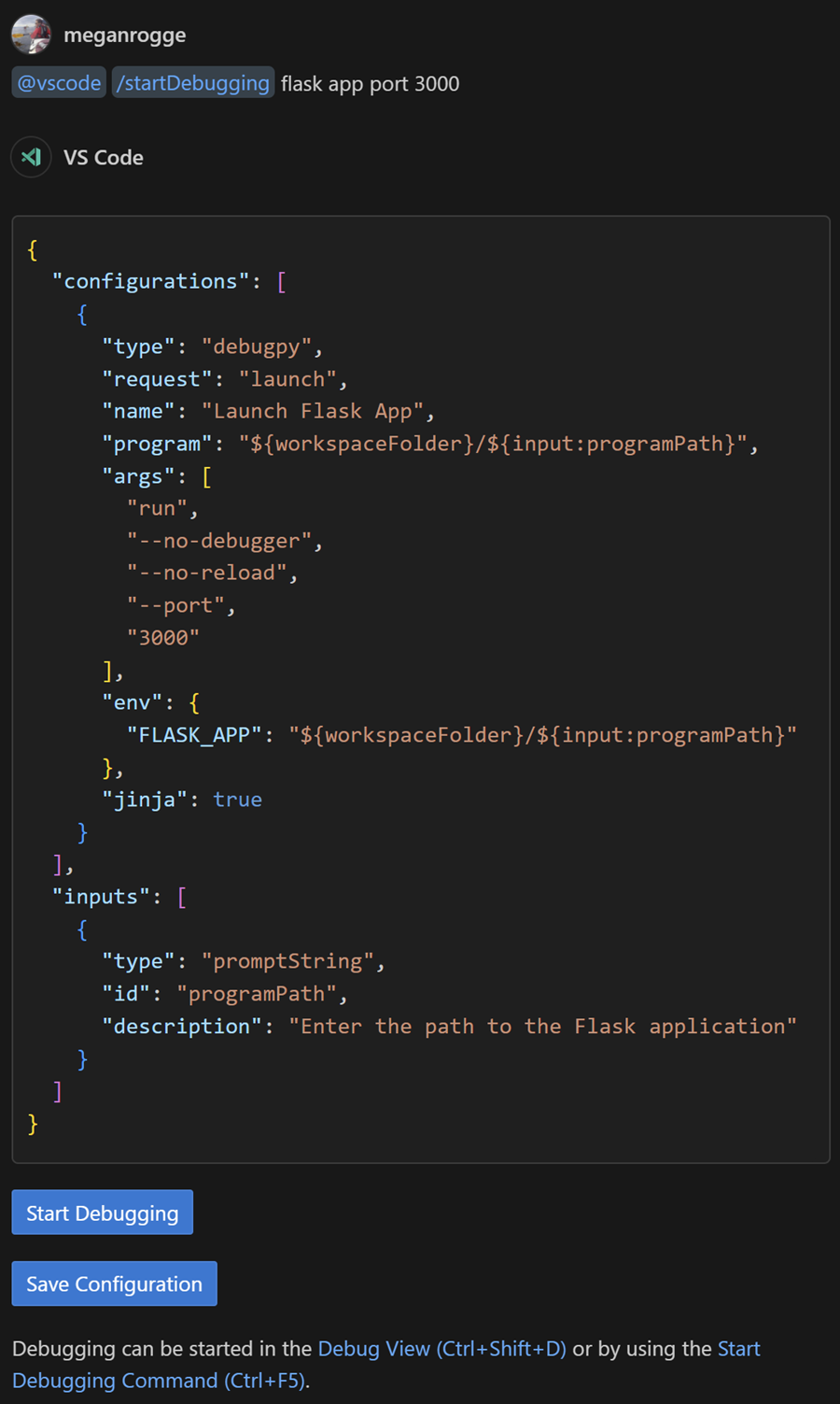 A user types /startDebugging flask app port 3000 in the panel chat and is provided with the launch configuration.