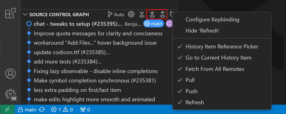 Source Control Graph title actions and context menu to hide specific items.